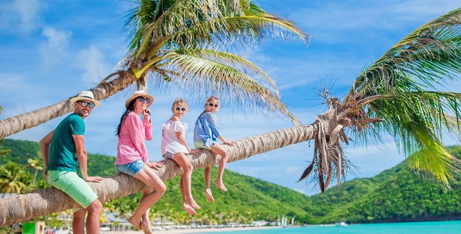 Deals. Familie sitzt auf einem Palme am Strand 